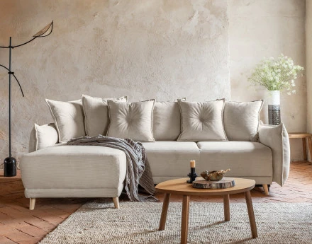 Canapé d'angle réversible 4 places convertible avec coffre en velours côtelé Lena