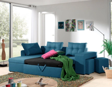 California - Canapé d'angle réversible et convertible avec coffre de rangement - 246x85x145cm - Bleu canard