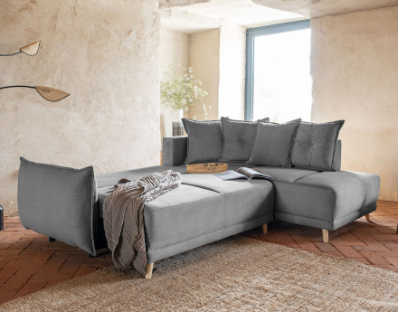 Canapé d'angle d'ange droit 5 places convertible avec coffre en velours côtelé Lena