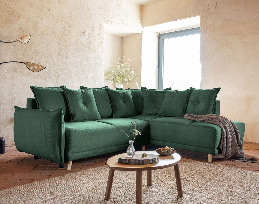 Canapé d'angle d'ange droit 5 places convertible avec coffre en velours côtelé Lena