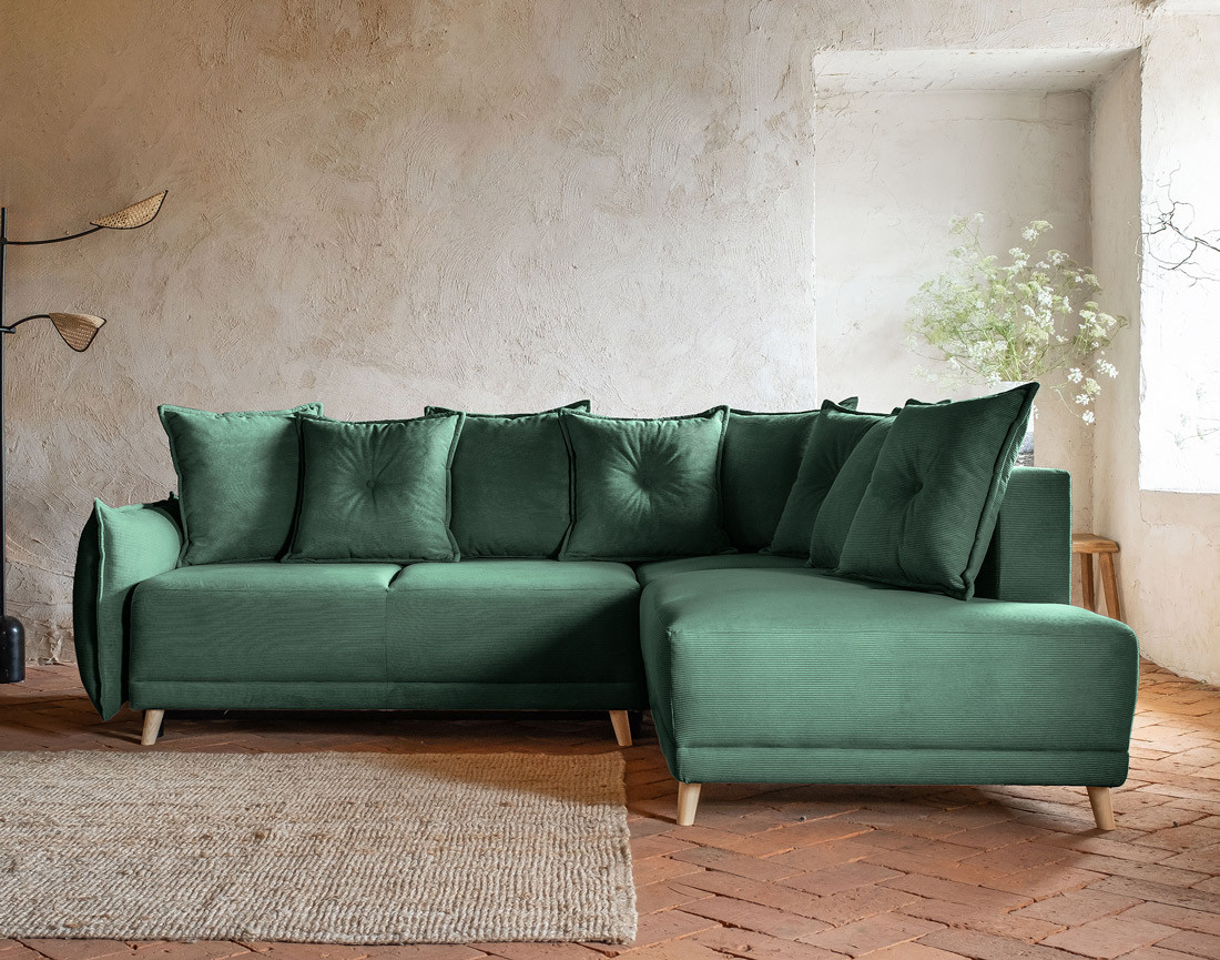 Canapé d'angle d'ange droit 5 places convertible avec coffre en velours côtelé Lena