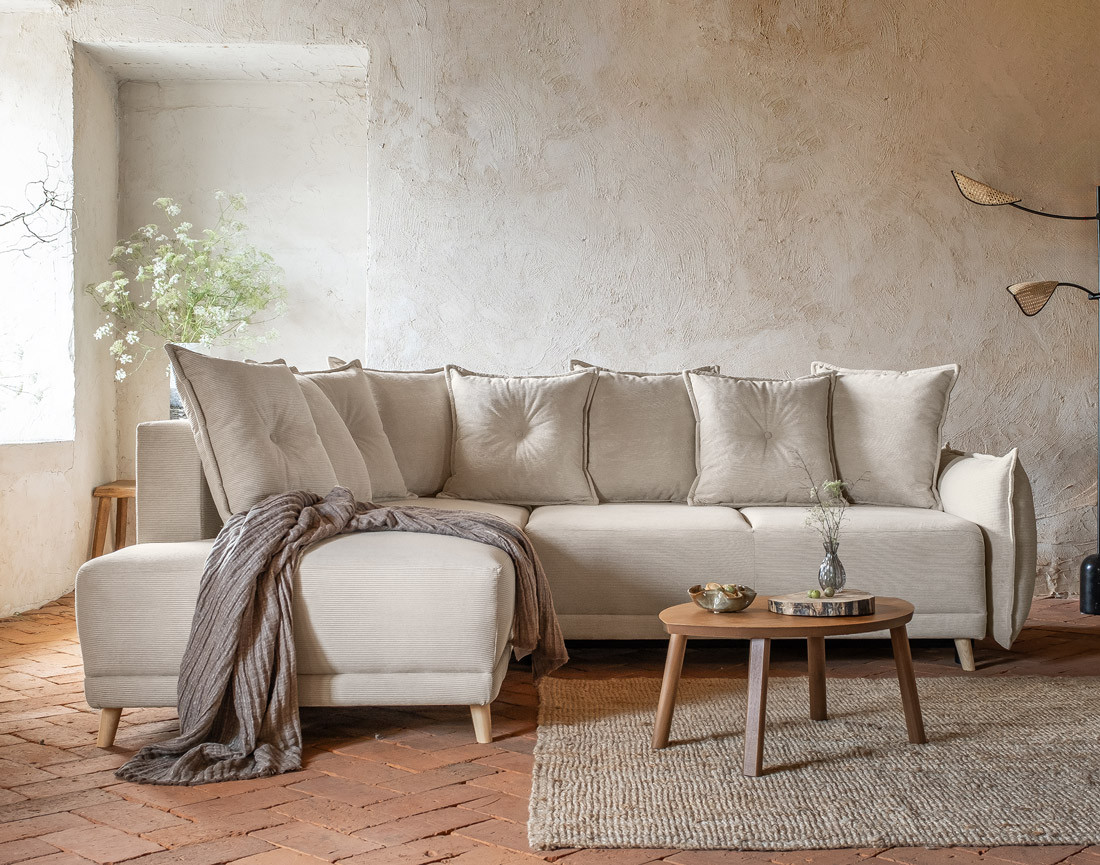 Canapé d'angle d'ange gauche 5 places convertible avec coffre en velours côtelé Lena Canapé d'angle d'ange gauche 5 places convertible avec coffre en velours côtelé Lena