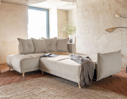 Canapé d'angle d'ange gauche 5 places convertible avec coffre en velours côtelé Lena