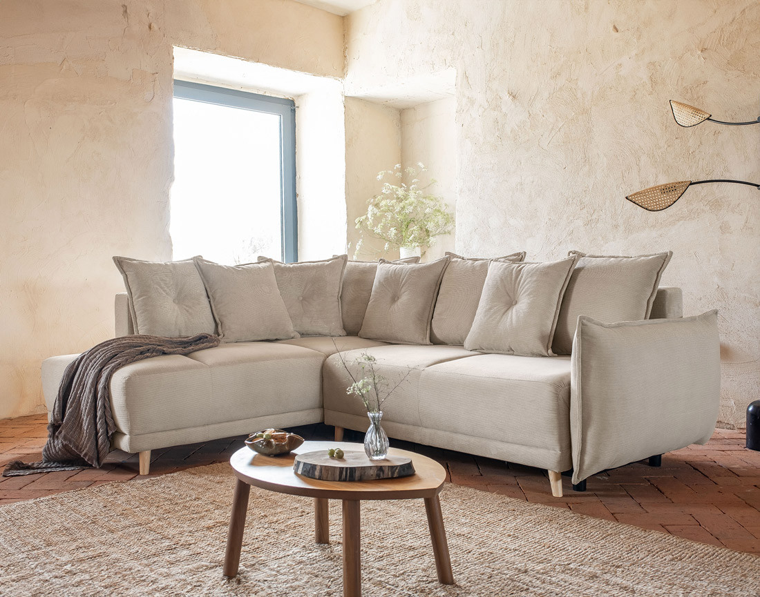 Canapé d'angle d'ange gauche 5 places convertible avec coffre en velours côtelé Lena Canapé d'angle d'ange gauche 5 places convertible avec coffre en velours côtelé Lena