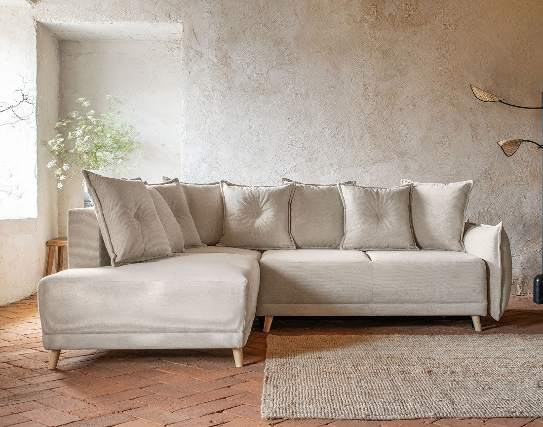 Canapé d'angle d'ange gauche 5 places convertible avec coffre en velours côtelé Lena Canapé d'angle d'ange gauche 5 places convertible avec coffre en velours côtelé Lena