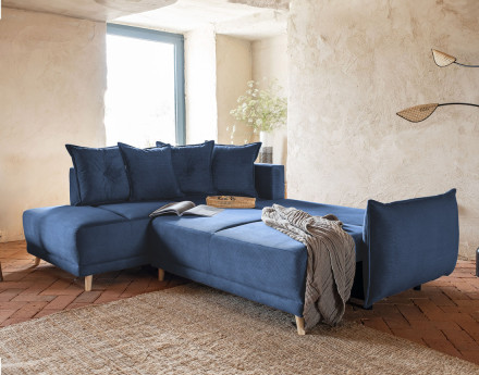 Canapé d'angle d'ange gauche 5 places convertible avec coffre en velours côtelé Lena