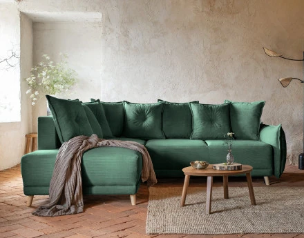 Canapé d'angle d'ange gauche 5 places convertible avec coffre en velours côtelé Lena