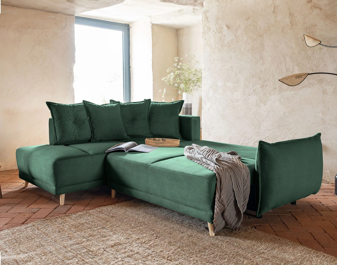 Canapé d'angle d'ange gauche 5 places convertible avec coffre en velours côtelé Lena