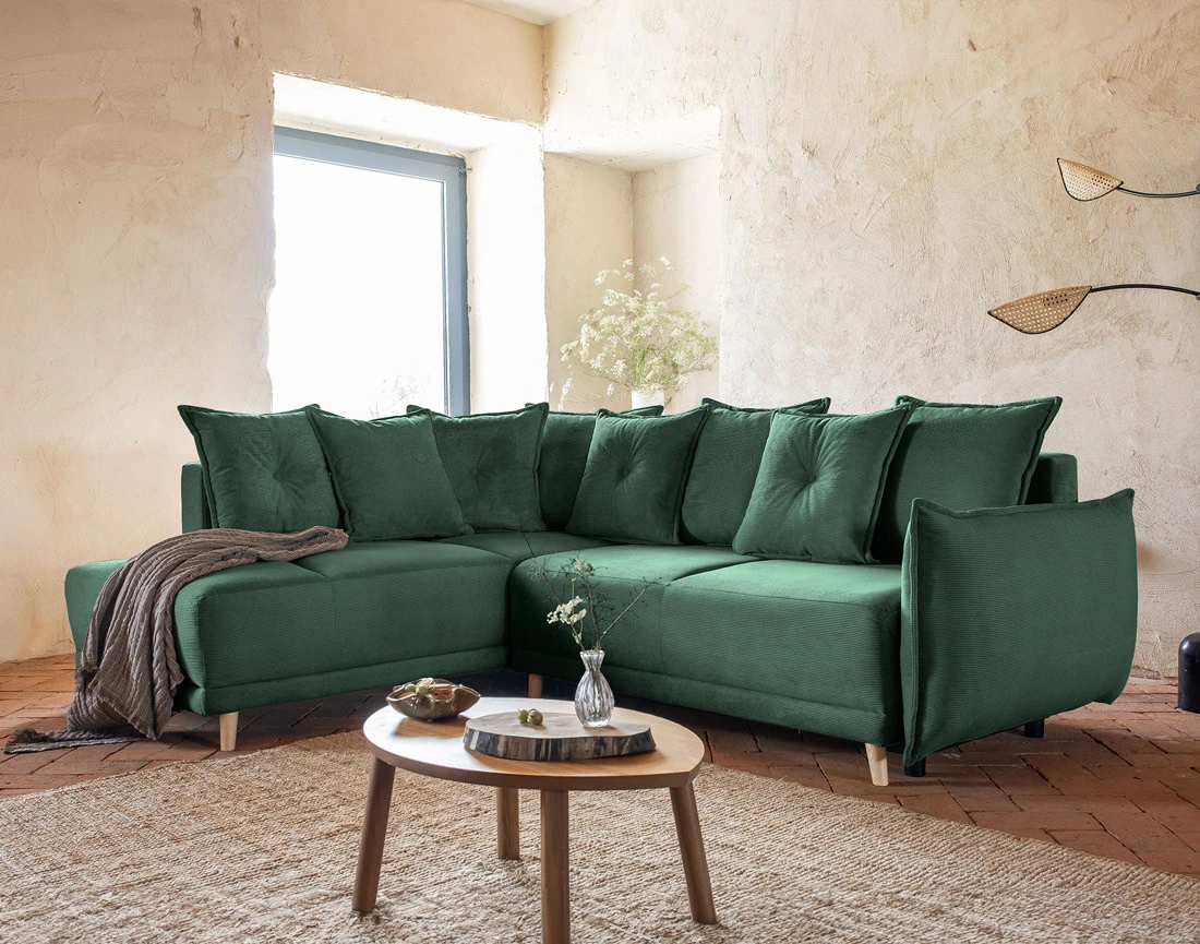 Canapé d'angle d'ange gauche 5 places convertible avec coffre en velours côtelé Lena