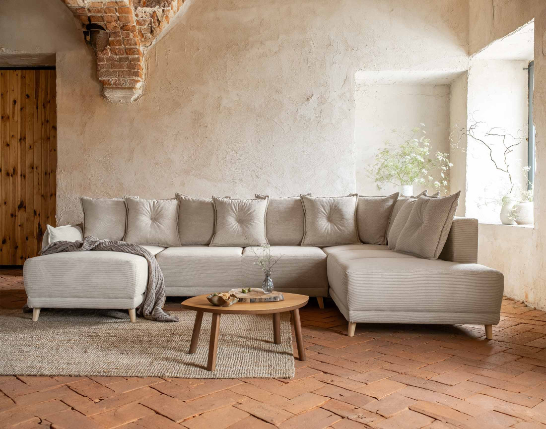 Canapé panoramique d'angle droit 7 places convertible avec coffre en velours côtelé Lena