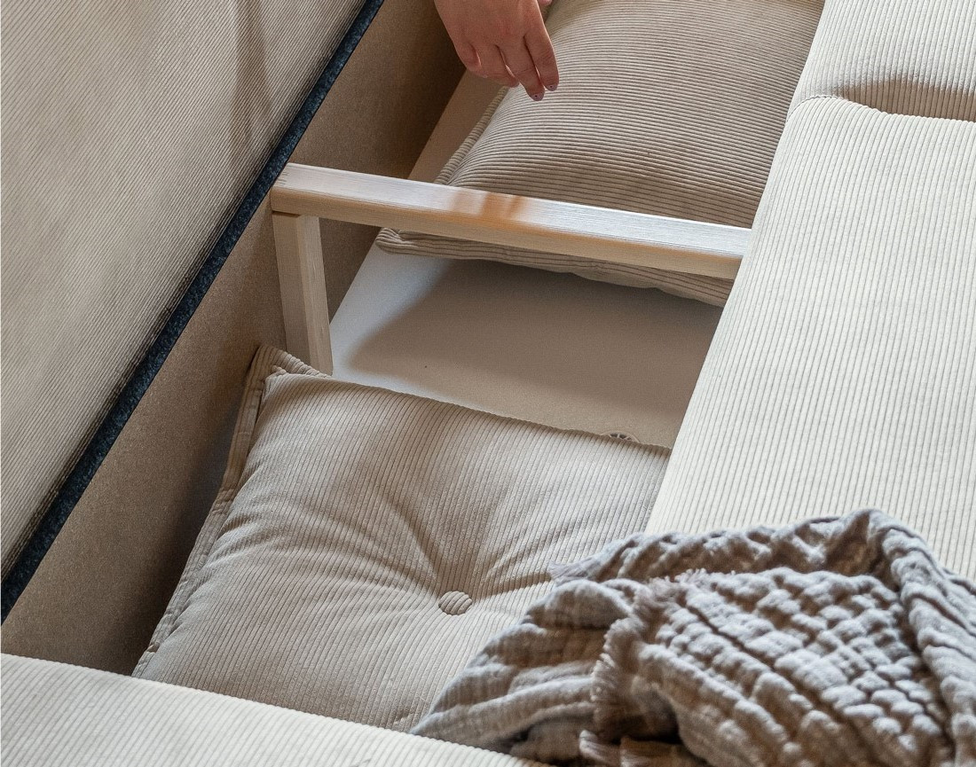 Canapé panoramique d'angle droit 7 places convertible avec coffre en velours côtelé Lena