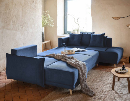 Canapé panoramique d'angle droit 7 places convertible avec coffre en velours côtelé Lena