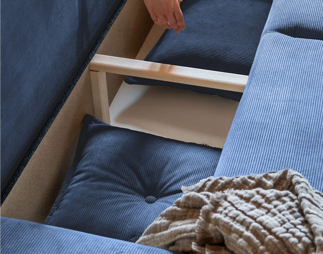 Canapé panoramique d'angle droit 7 places convertible avec coffre en velours côtelé Lena