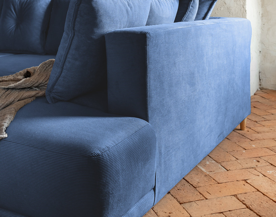 Canapé panoramique d'angle droit 7 places convertible avec coffre en velours côtelé Lena