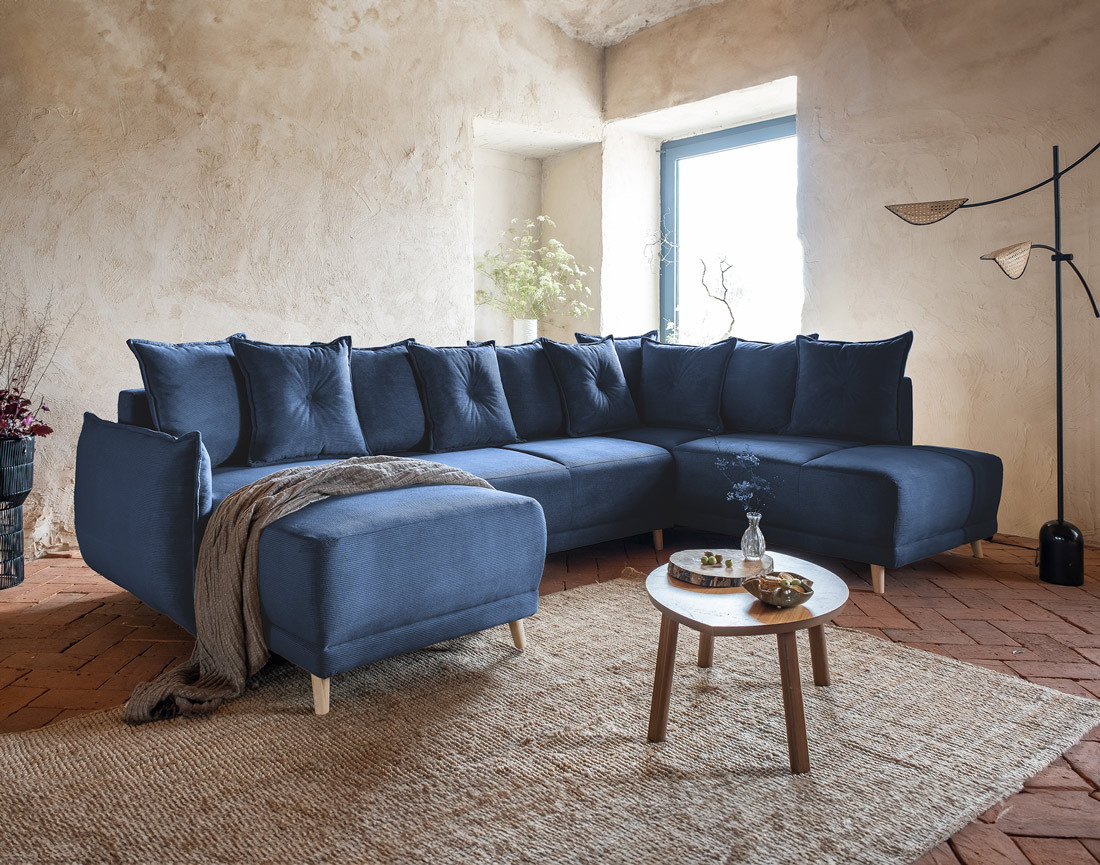 Canapé panoramique d'angle droit 7 places convertible avec coffre en velours côtelé Lena