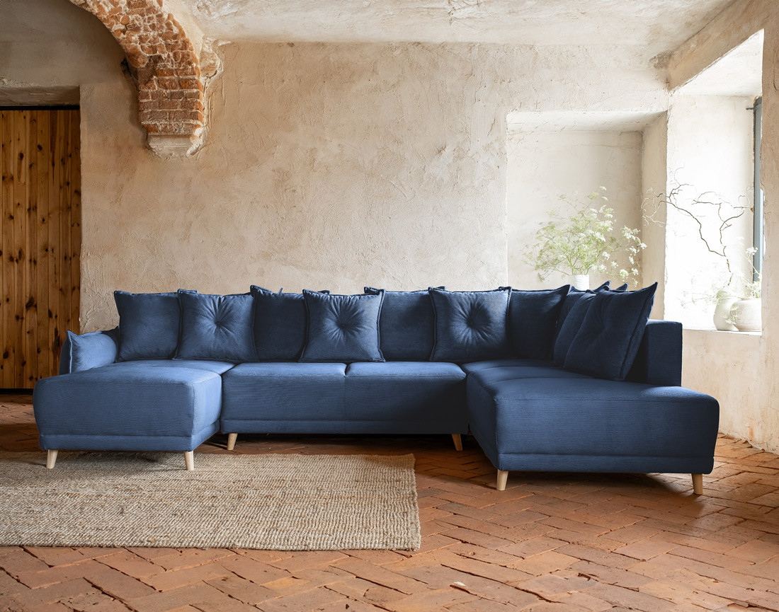 Canapé panoramique d'angle droit 7 places convertible avec coffre en velours côtelé Lena