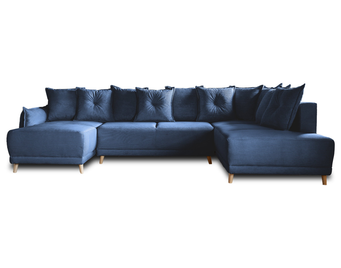 Canapé panoramique d'angle droit 7 places convertible avec coffre en velours côtelé Lena