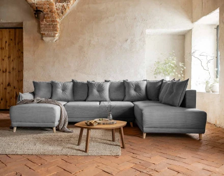 Canapé panoramique d'angle droit 7 places convertible avec coffre en velours côtelé Lena