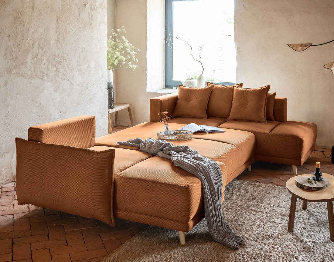 Canapé panoramique d'angle droit 7 places convertible avec coffre en velours côtelé Lena