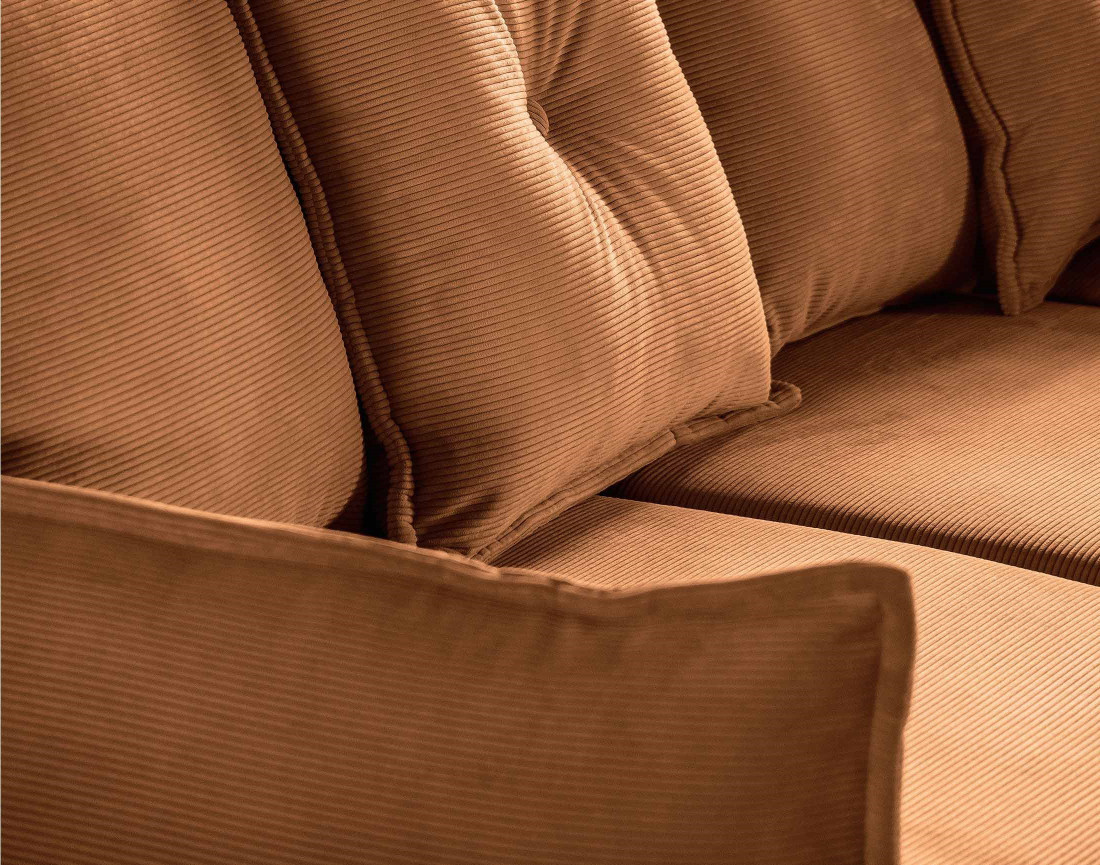 Canapé panoramique d'angle droit 7 places convertible avec coffre en velours côtelé Lena