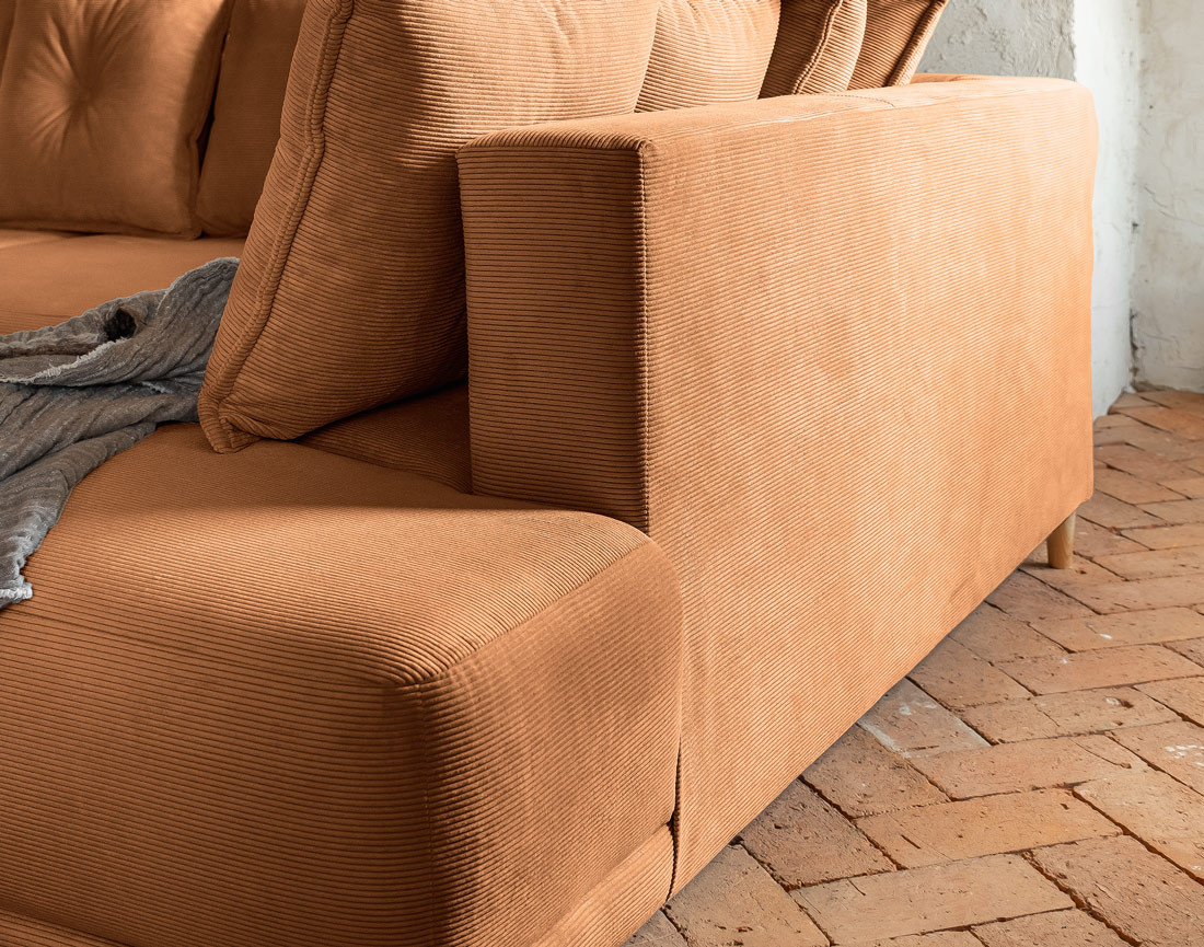 Canapé panoramique d'angle droit 7 places convertible avec coffre en velours côtelé Lena