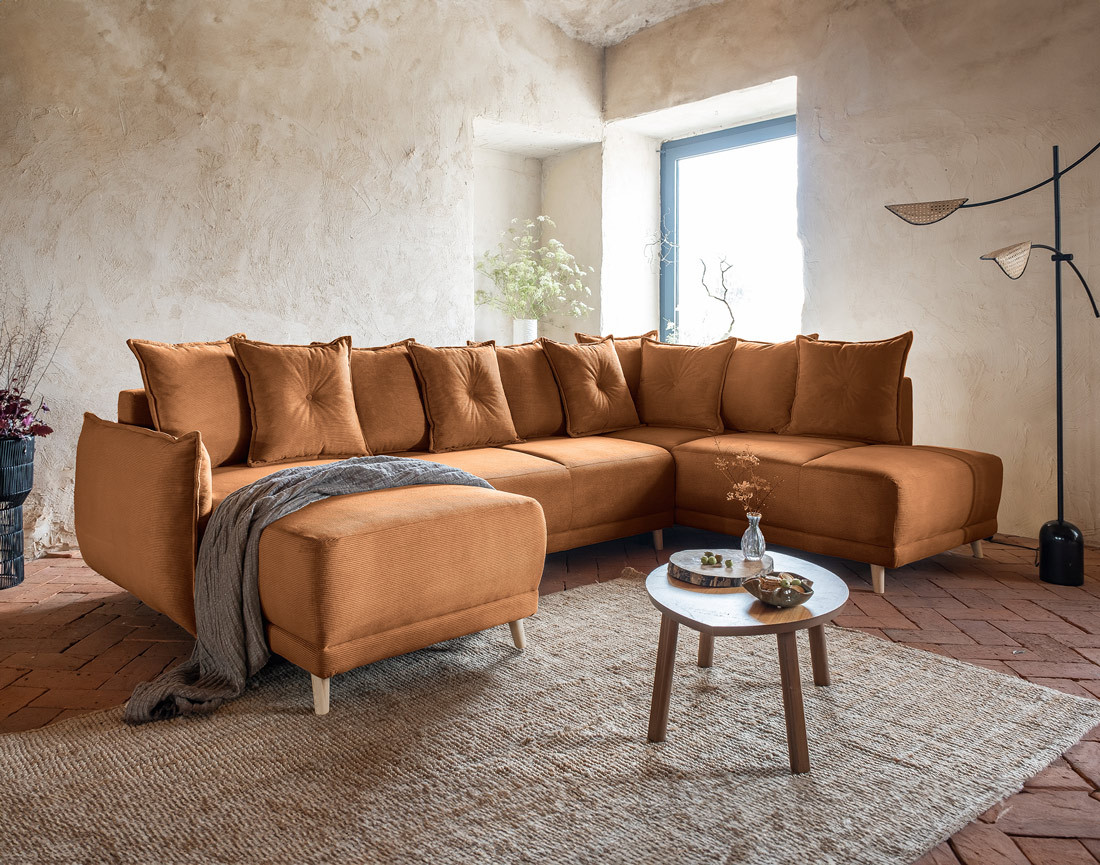 Canapé panoramique d'angle droit 7 places convertible avec coffre en velours côtelé Lena