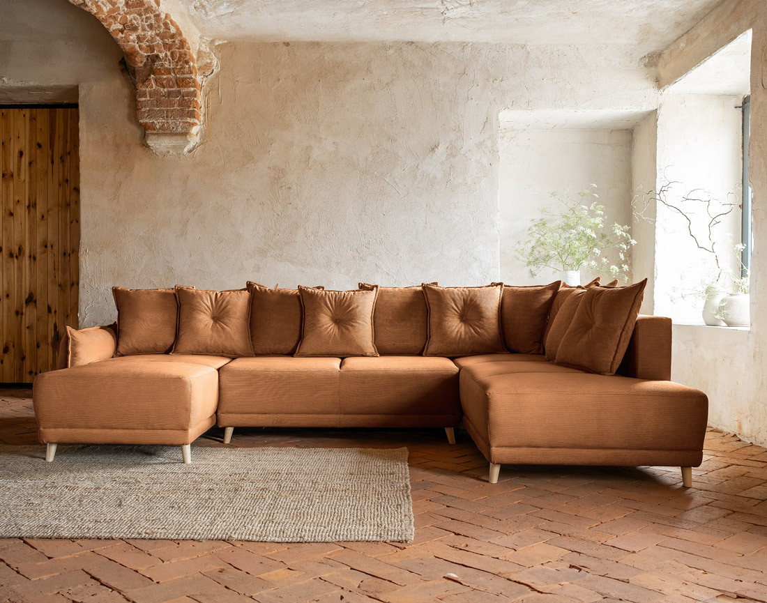 Canapé panoramique d'angle droit 7 places convertible avec coffre en velours côtelé Lena