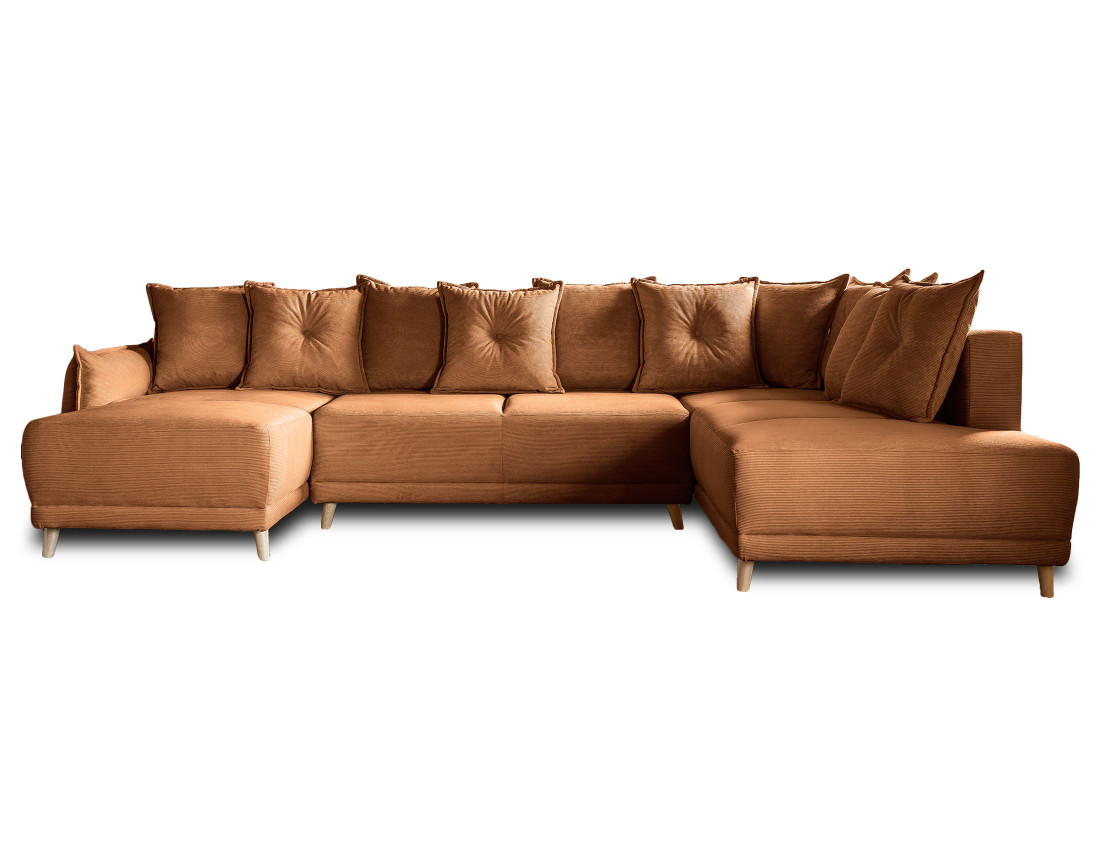 Canapé panoramique d'angle droit 7 places convertible avec coffre en velours côtelé Lena