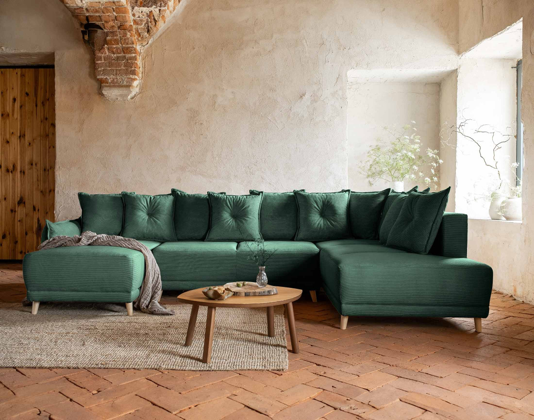 Canapé panoramique d'angle droit 7 places convertible avec coffre en velours côtelé Lena