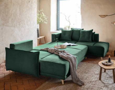 Canapé panoramique d'angle droit 7 places convertible avec coffre en velours côtelé Lena