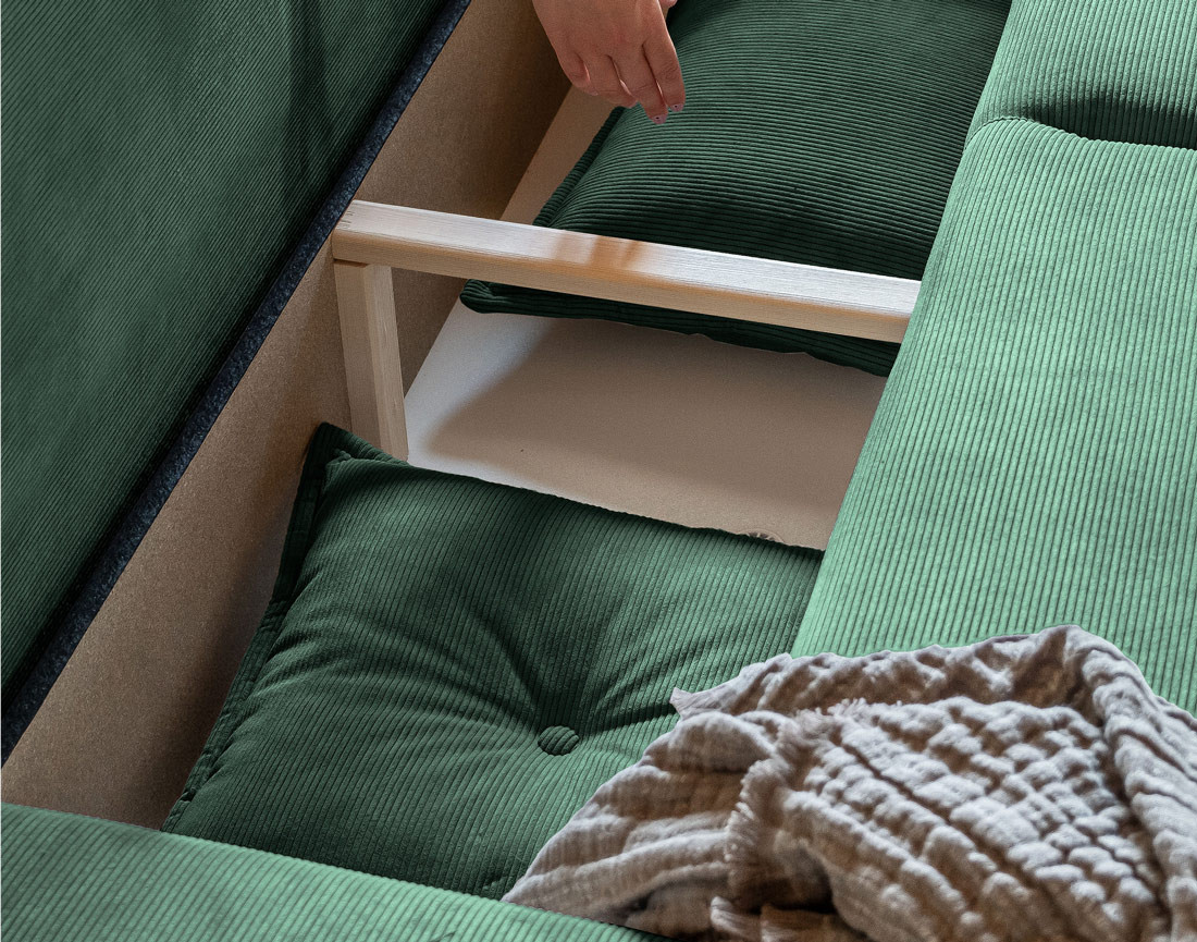 Canapé panoramique d'angle droit 7 places convertible avec coffre en velours côtelé Lena