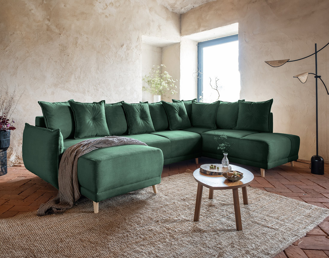 Canapé panoramique d'angle droit 7 places convertible avec coffre en velours côtelé Lena