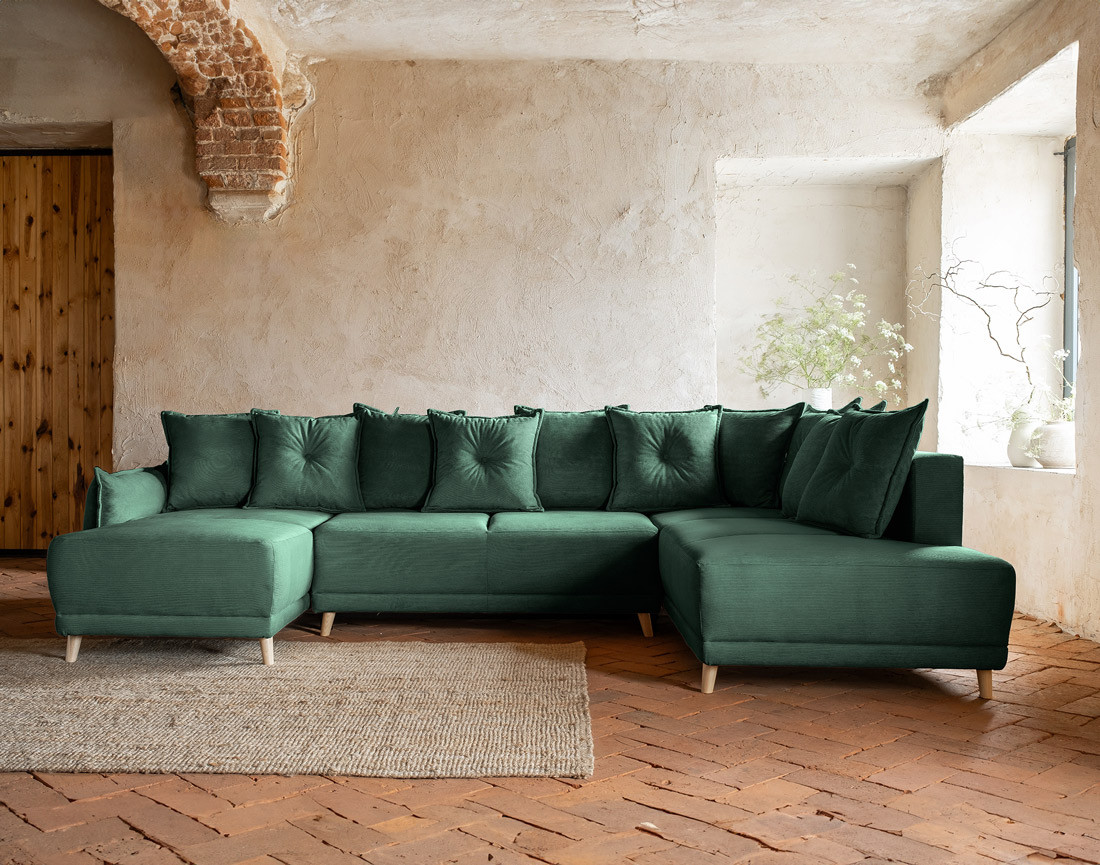 Canapé panoramique d'angle droit 7 places convertible avec coffre en velours côtelé Lena