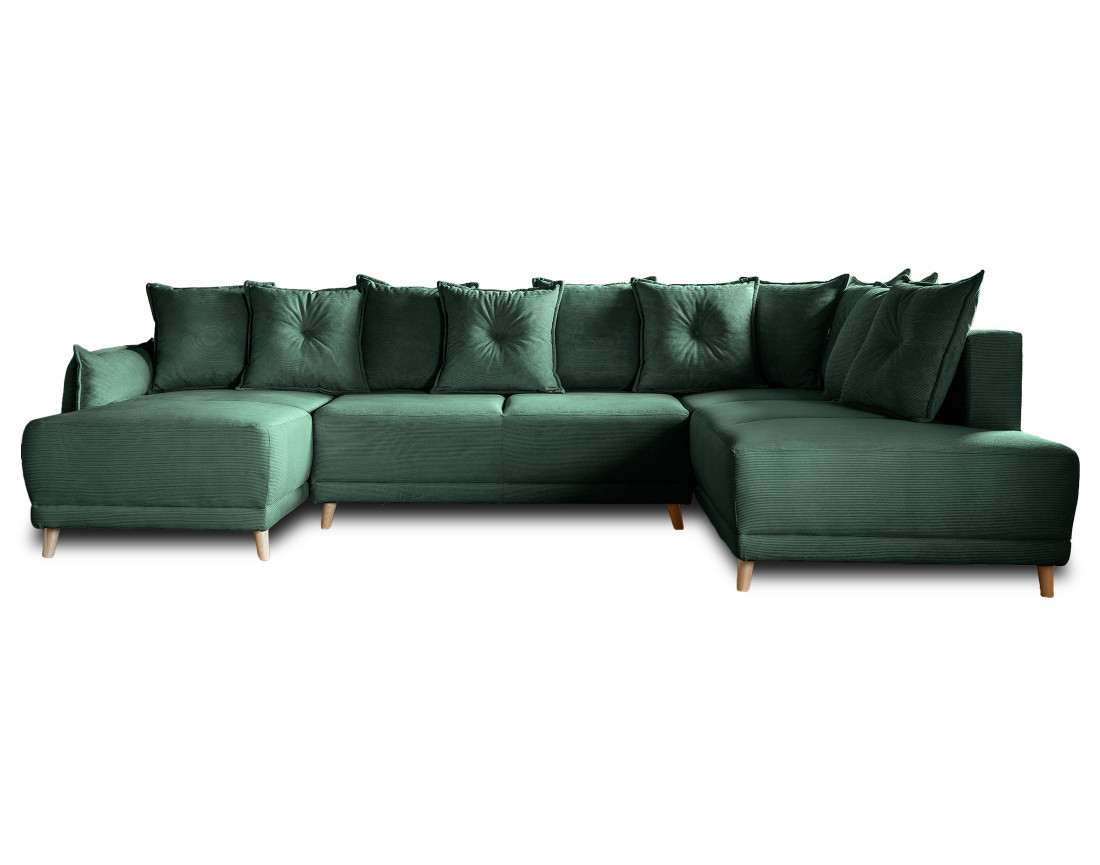 Canapé panoramique d'angle droit 7 places convertible avec coffre en velours côtelé Lena