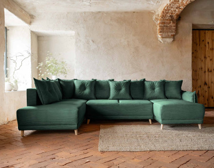 Canapé panoramique d'angle gauche 7 places convertible avec coffre en velours côtelé Lena