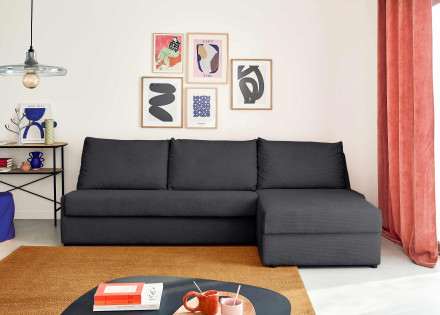 Canapé d'angle droit 4 places convertible couchage quotidien en velours côtelé Palmira