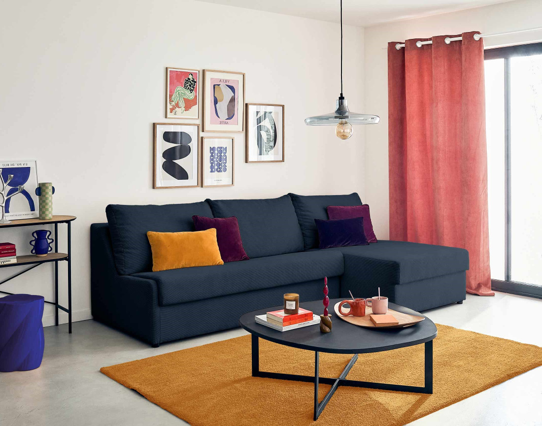 Canapé d'angle droit 4 places convertible couchage quotidien en velours côtelé Palmira