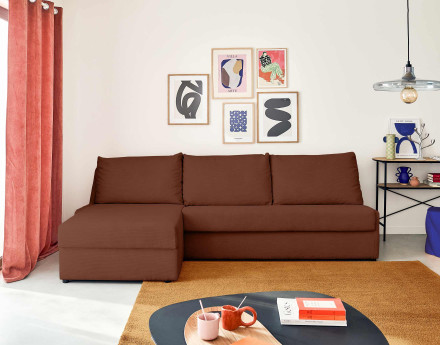 Canapé d'angle gauche 4 places convertible couchage quotidien en velours côtelé Palmira