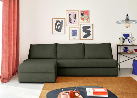 Canapé d'angle gauche 4 places convertible couchage quotidien en velours côtelé Palmira