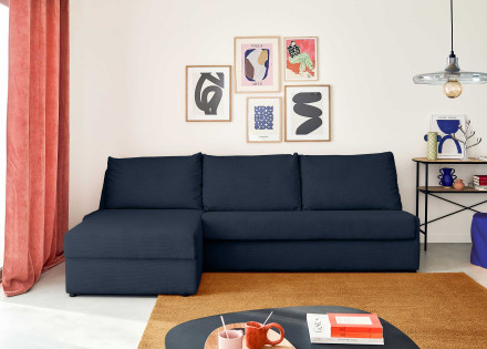 Canapé d'angle gauche 4 places convertible couchage quotidien en velours côtelé Palmira