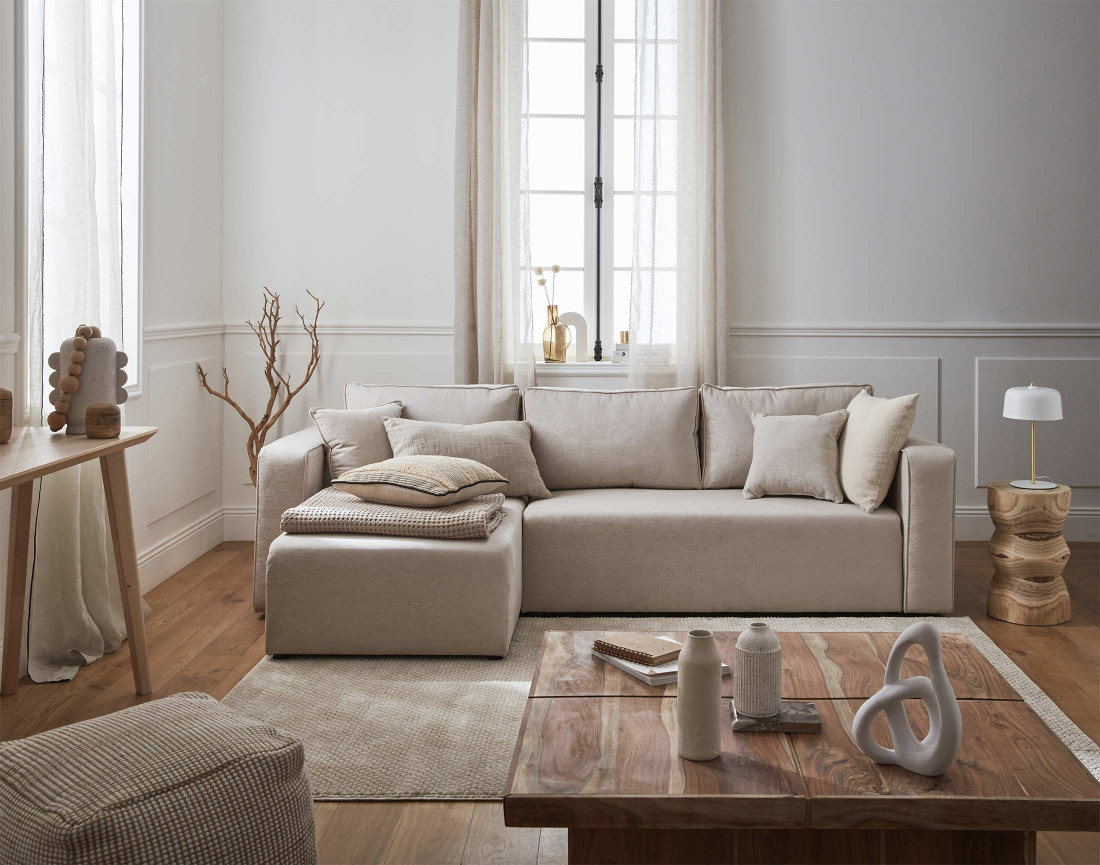 Canapé d'angle réversible 4 places convertible avec coffre en tissu Topaze Canapé d'angle réversible 4 places convertible avec coffre en tissu Topaze