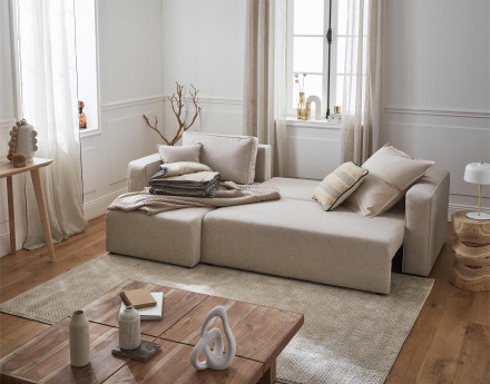 Canapé d'angle réversible 4 places convertible avec coffre en tissu Topaze