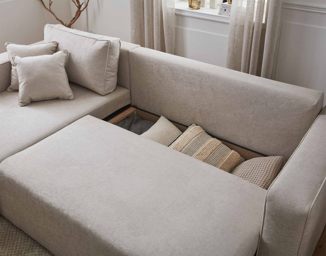 Canapé d'angle réversible 4 places convertible avec coffre en tissu Topaze Canapé d'angle réversible 4 places convertible avec coffre en tissu Topaze