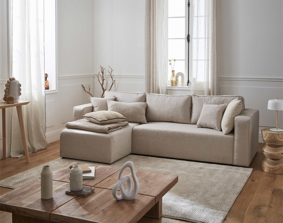 Canapé d'angle réversible 4 places convertible avec coffre en tissu Topaze Canapé d'angle réversible 4 places convertible avec coffre en tissu Topaze