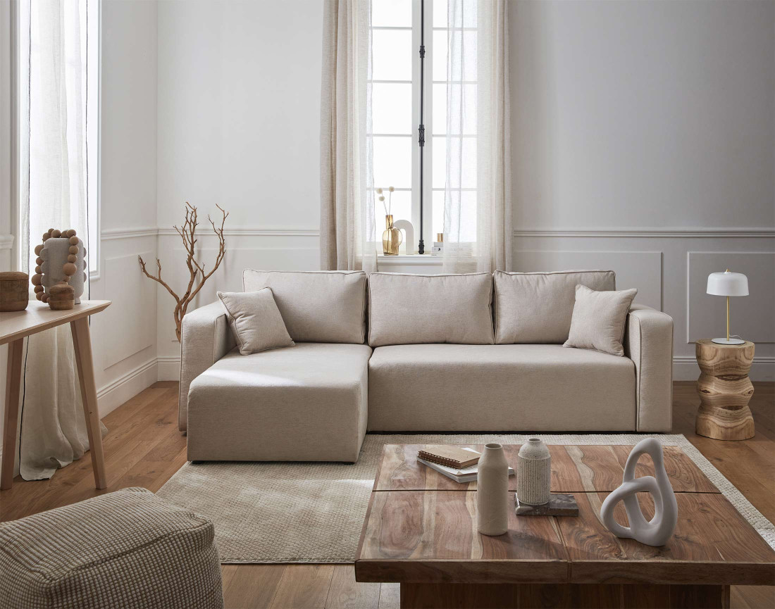 Canapé d'angle réversible 4 places convertible avec coffre en tissu Topaze Canapé d'angle réversible 4 places convertible avec coffre en tissu Topaze