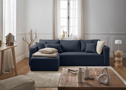 Canapé d'angle réversible 4 places convertible avec coffre en tissu Topaze