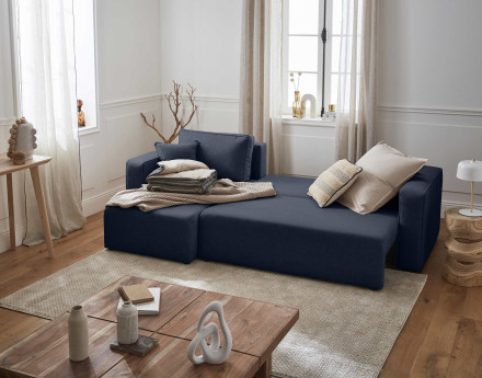 Canapé d'angle réversible 4 places convertible avec coffre en tissu Topaze