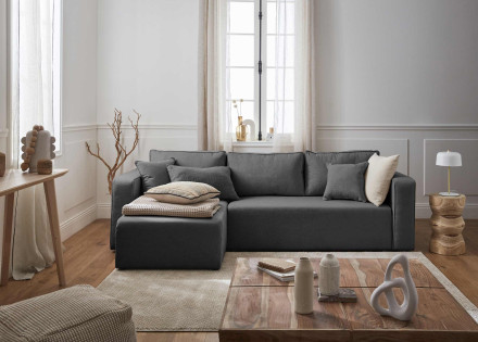 Canapé d'angle réversible 4 places convertible avec coffre en tissu Topaze
