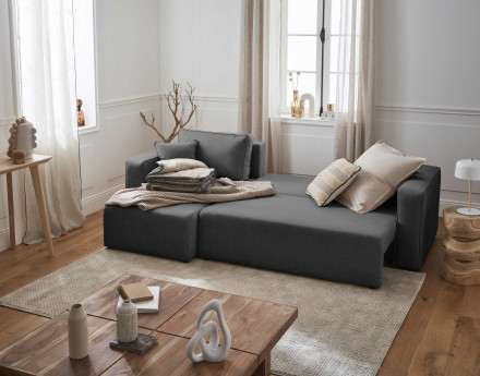 Canapé d'angle réversible 4 places convertible avec coffre en tissu Topaze