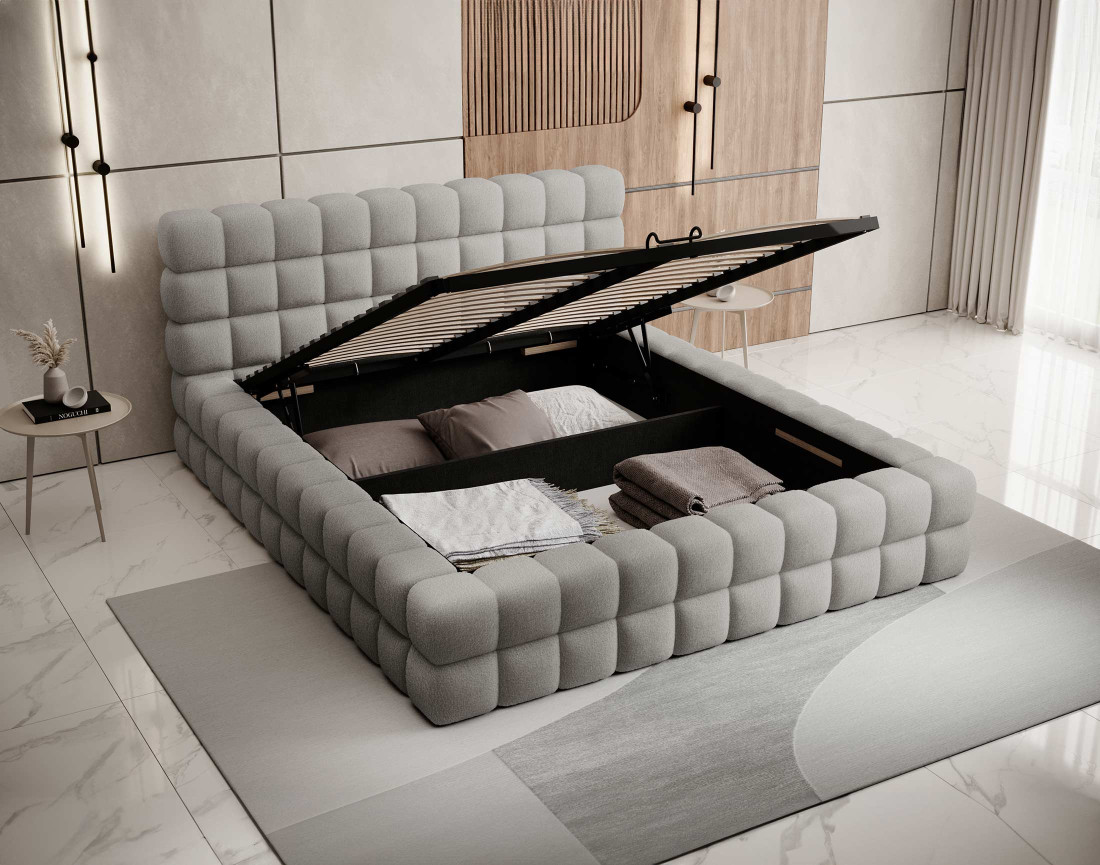 Lit coffre 140x200 cm sommier inclus en tissu bouclette Kingston